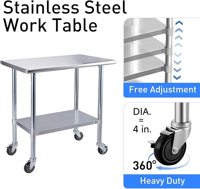 ROCKPOINT Stainless Steel Table for Prep & Work with Caster Wheels 18x72 Inches, NSF Metal Commercial Kitchen Heavy Duty Table with Adjustable Under Shelf and Table Foot for Restaurant, Home and Hotel
