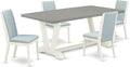 East West Furniture V097LA015-5 5 Piece Modern Dining Table Set Includes a Rectangle Wooden Table with V-Legs and 4 Baby Blue Linen Fabric Upholstered Chairs, 40x72 Inch, Multi-Color