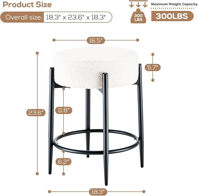 Dining Room Chairs Set of 8, 23.6" Sherpa Backless White Boucle Dining Chair, Mid Century Modern Living Room Round Upholstered Chairs with Black Metal Legs