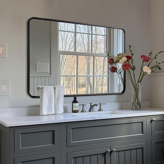 ANDY STAR 48X36 Inch Black Bathroom Mirror, Matte Black Vanity Mirrors for Wall, Rounded Rectangle Mirror for Bathroom, Seamless Tube Metal Frame, 1’’ Deep Wall Mounted Vertical/Horizontal