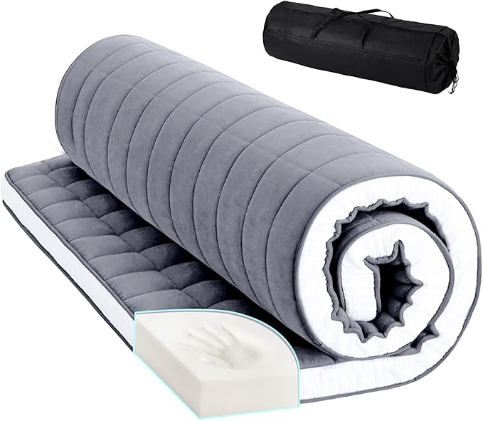 Tiita Japanese Floor Mattress Futon Mattress 4” Thick Folding Roll Up Sleeping Pad with Bag & Strap, Bed Topper Mat for Guest, Lounger and Tavel, Gray,Full Size