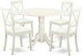 East West Furniture DLBO5-LWH-LC 5 Piece Dining Room Furniture Set Includes a Round Kitchen Table with Dropleaf and 4 Faux Leather Upholstered Dining Chairs, 42x42 Inch, Linen White