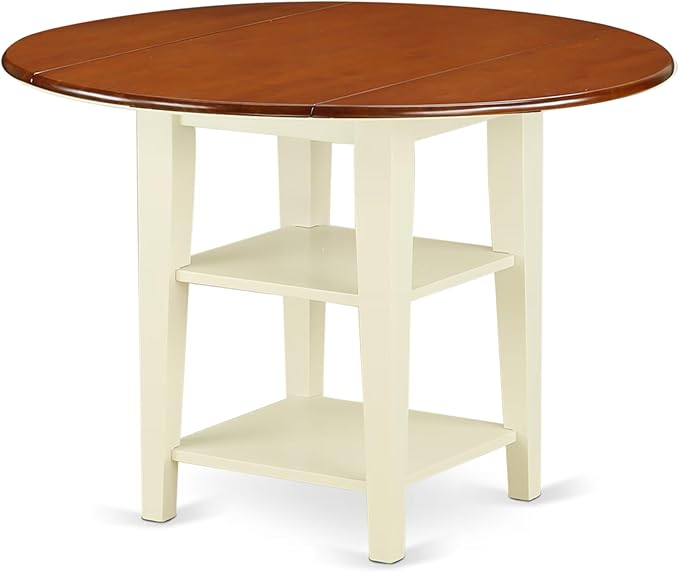 East West Furniture SUPL3-BMK-C 3 Piece Dining Table Set Contains a Round Dining Room Table with Dropleaf & Shelves and 2 Linen Fabric Upholstered Chairs, 42x42 Inch, Buttermilk & Cherry