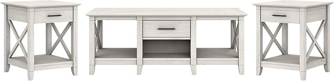 Bush Furniture Key West Coffee Table with Set of 2 End Tables in Linen White Oak