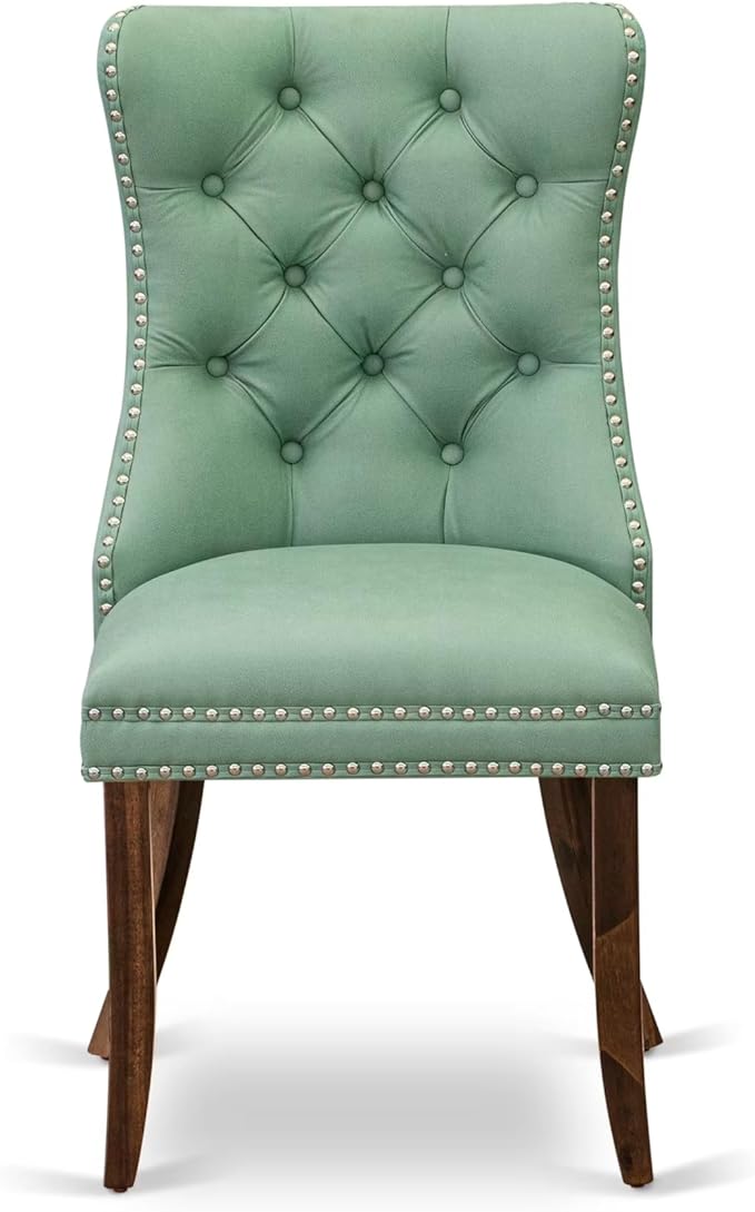 NEDA9-AWA-22 9-Piece Modern Dining Table Set Consists of a Kitchen Table and 8 Willow Green Polyester Dining Chairs with Button Tufted Back, 44x100 Inch, Antique Walnut
