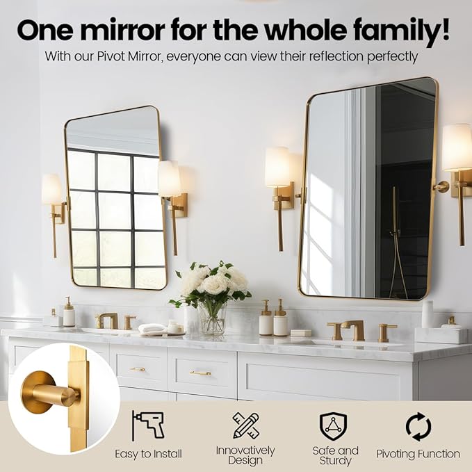 MOON MIRROR 20" x 28" Brushed Gold Metal Framed Pivot Rectangle Bathroom Mirror for Wall, Tilting Rounded Rectangular Vanity Mirror Hangs Vertical only