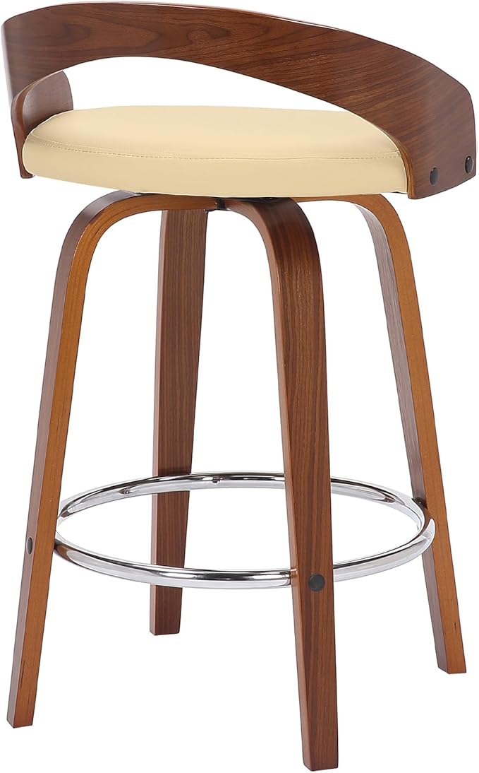 Armen Living Sonia 26" Counter Height Swivel Cream Faux Leather and Walnut Wood Bar Stool - Set of 3