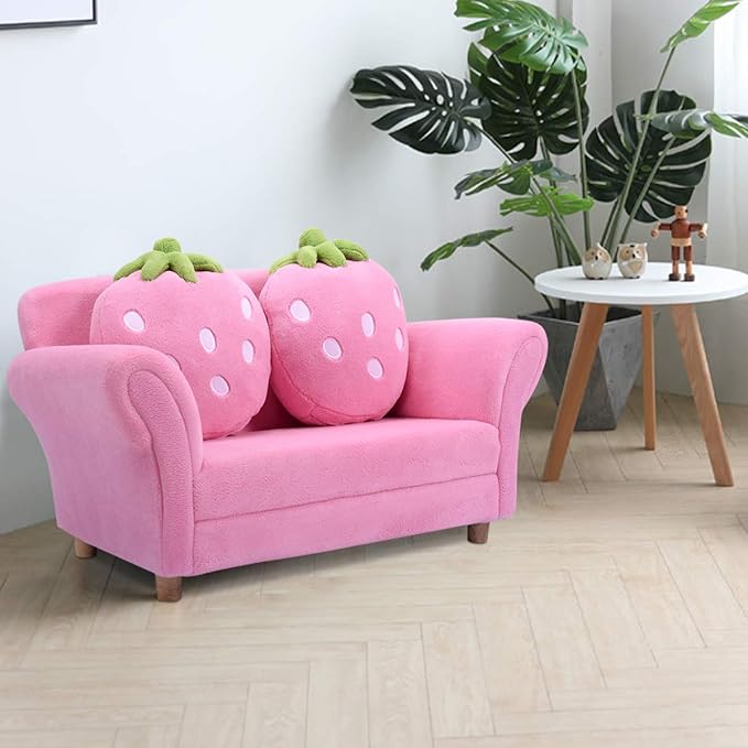 Costzon Kids Couch, Double Seat Pink Children's Sofa with 2 Strawberry Pillows, Toddler Armrest Chair for Bedroom, Living Room, Large Soft for Kids Loveseat Toy for Baby Girls Preschool Gifts Presents