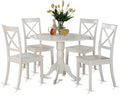 East West Furniture DLBO5-WHI-W 5 Piece Kitchen Table Set for 4 Includes a Round Dining Room Table with Dropleaf and 4 Solid Wood Seat Chairs, 42x42 Inch, Linen White