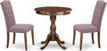 East West Furniture ESCE3-MAH-10 3 Piece Kitchen Table Set Contains a Round Dining Room Table with Pedestal and 2 Dahlia Linen Fabric Parsons Dining Chairs, 30x30 Inch, Mahogany