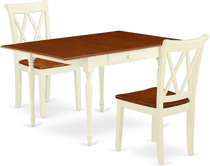 East West Furniture MZCL3-WHI-W 3 Piece Dining Room Table Set Contains a Rectangle Kitchen Table with Dropleaf and 2 Dining Chairs, 36x54 Inch, Buttermilk & Cherry