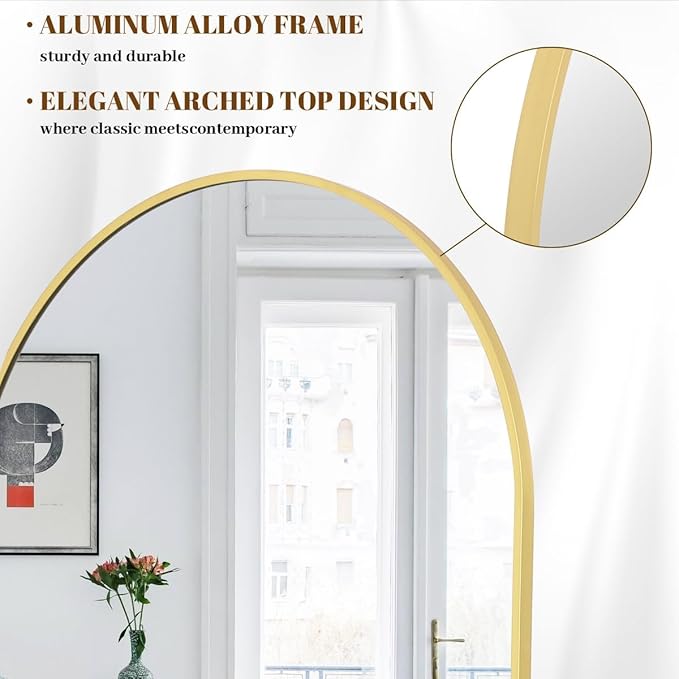 Koonmi 46"x76" Arched Full Length Mirror, Gold Large Floor Mirror with Aluminum Alloy Frame, Standing Hanging or Leaning Wall-Mounted Full Body Mirror for Living Room and Bedroom