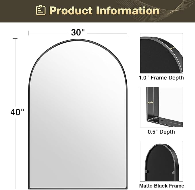 Brightify Arched Mirror, 30 x 40 Inch Black Arch Mirror, Metal Frame Black Arched Wall Mirror, Arched Top Bathroom Vanity Mirror for Living Room Bedroom Mantel Entryway Hallways
