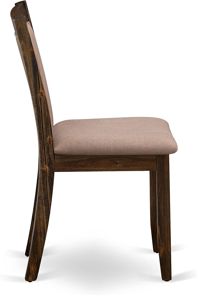 East West Furniture I3MZ5-748 5 Piece Dining Room Table Set Includes a Round Kitchen Table with Pedestal and 4 Coffee Linen Fabric Parson Dining Chairs, 48x48 Inch, Distressed Jacobean