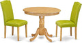 East West Furniture ANEN3-OAK-51 3 Piece Modern Dining Table Set Contains a Round Kitchen Table with Pedestal and 2 Autumn Green Faux Leather Upholstered Chairs, 36x36 Inch, Oak