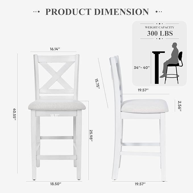 Upholstered Counter Height Bar Stools Set of 2, Modern Kitchen Island Barstools Chairs with Cross Back and Wood Legs for Dining Room Bar, Grey White Wash