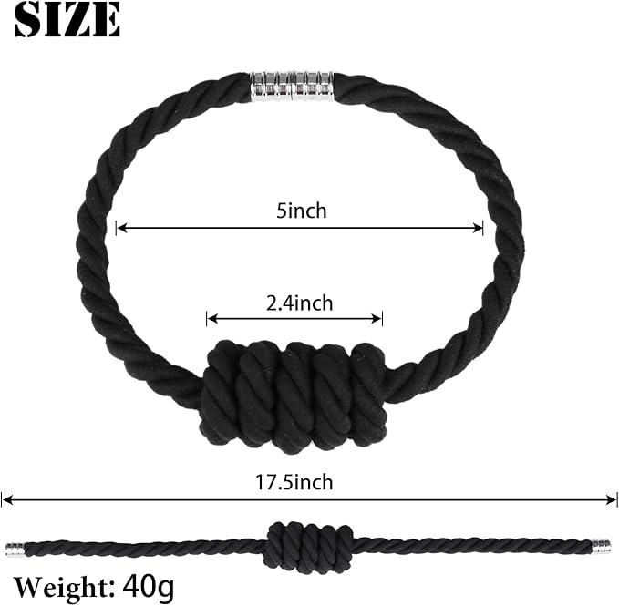 BEL AVENIR Magnetic Cotton Curtain Tiebacks, Decorative Drapery Holdbacks Modern Woven Tie-Backs with Exquisite Knot (Black Cotton, 2 Pack)