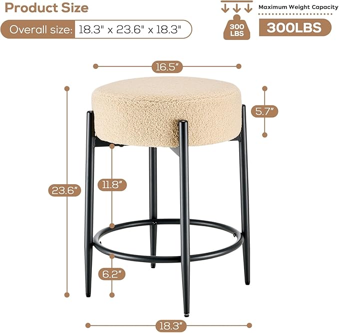 Dining Room Chairs Set of 8, 23.6" Sherpa Backless Beige Boucle Dining Chair, Mid Century Modern Living Room Round Upholstered Chairs with Black Metal Legs