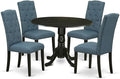 East West Furniture DLCE5-BLK-21 5 Piece Kitchen Table & Chairs Set Includes a Round Dining Table with Dropleaf and 4 Mineral Blue Linen Fabric Upholstered Chairs, 42x42 Inch, Black