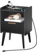 Fluted Nightstand, End Table, Small Modern Bedside Table with Charging Station, Side Table with Drawer, for Small Spaces, Bedroom, Living Room, Black ETBK61E01N1