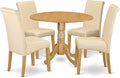 East West Furniture DLBA5-OAK-02 5 Piece Dining Set Includes a Round Dining Room Table with Dropleaf and 4 Light Beige Linen Fabric Upholstered Parson Chairs, 42x42 Inch, Oak