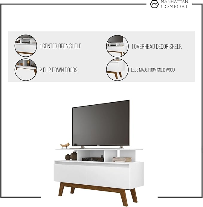 Manhattan Comfort Yonkers 71 Inch Mid Century Modern TV Stand with Storage, 3 Flip Down Door, Hole for Wire Management, Fits Up to 60" Television, Durable & Versatile Console Table, Off White/Cinnamon