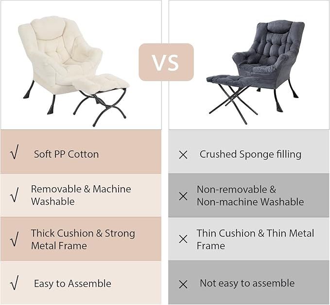 Lazy Chair with Ottoman, Modern Chair with Folding Footrest, Lounge Accent Chair, Comfortable Reading Chair for Bedroom, Study, Living Room, Courtyard (Plush Beige)