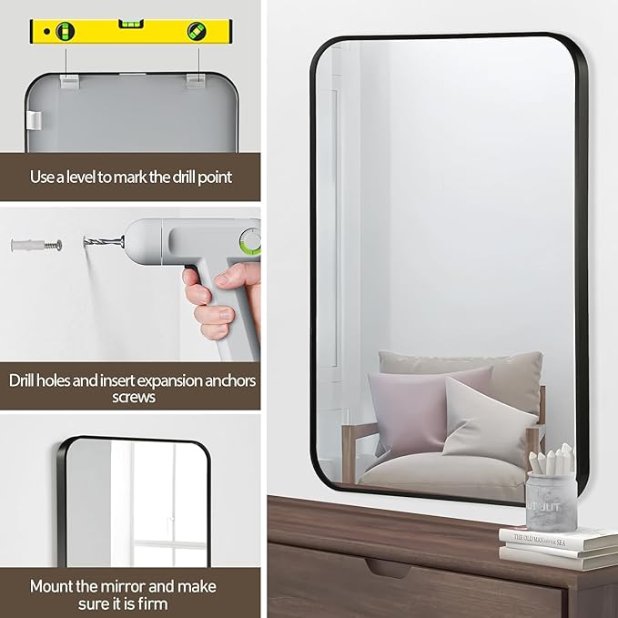 Black Bathroom Mirror, 20x30 Inch Matte Black Mirror, Aluminum Alloy Framed Vanity Mirror, Rounded Rectangle Bathroom Mirror for Over Sink, Anti-Rust Wall Mirror (Horizontally or Vertically)