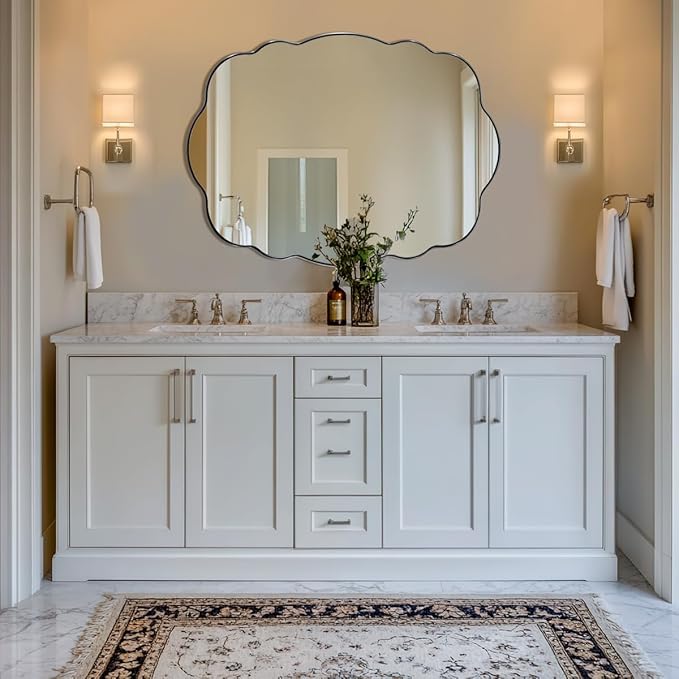 ANDY STAR Chrome Vintage Scalloped Mirror - 24x36 Inch Retro Bathroom Mirror, Unique Irregular Oval Wavy Mirror with Heavy Duty Metal Frame