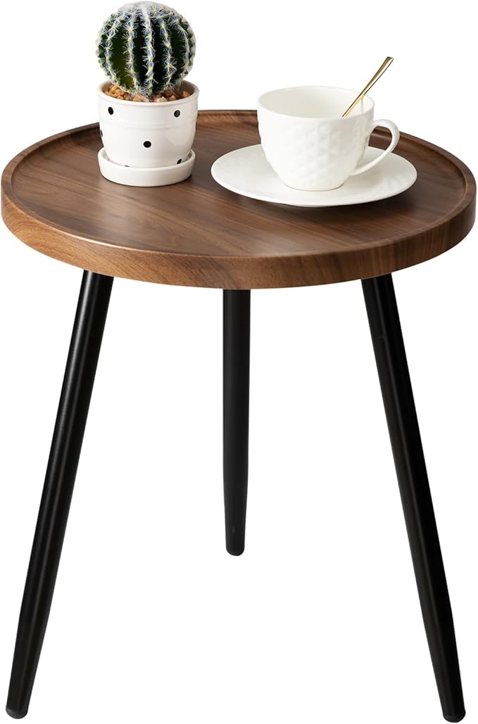 danpinera Round Side Table, Metal Legged Accent Table with Wooden Tray, Small Round End Table for Living Room, Bedroom, Nursery, Brown & Black