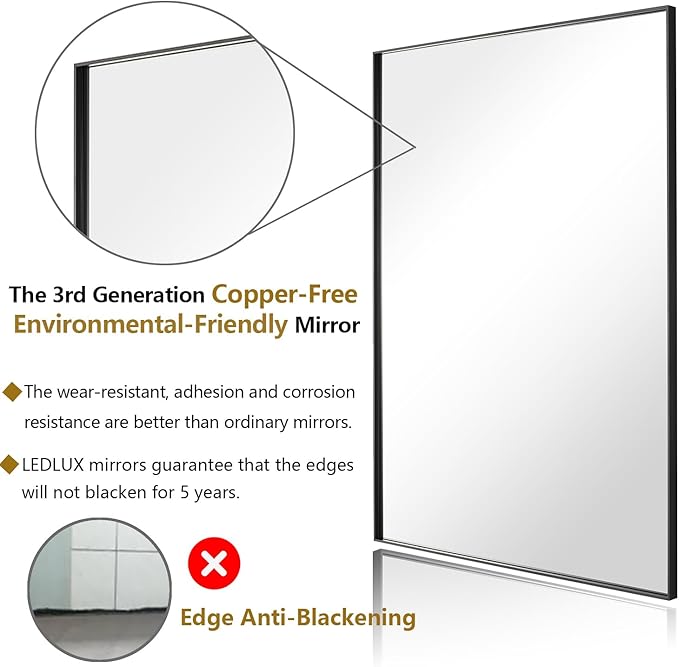 30x40 Inch Black Bathroom Mirror, Copper-Free Mirror, Aluminum Alloy Frame Vanity Mirror, Rectangle Wall Mounted Mirror, Modern Mirror for Bedroom/Living Room/Porch Horizontal or Vertical