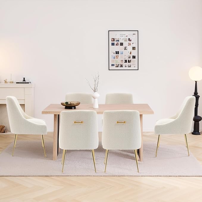 Modern Velvet Dining Chairs Set of 4, Contemporary Upholstered Furniture Collection with Polished Gold Metal Legs, Elegant Accent Chairs for Kitchen Living Room(Teddy Fleece,Beige)