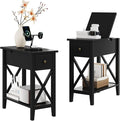 ChooChoo End Table Set of 2, Flip Top Narrow End Table with Drawer, Accent Small Side Table Nightstand for Living Room, Bedroom, and Small Spaces，Blcak