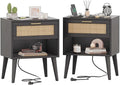 Irontar Nightstand Set of 2, Bedroom Night Stand with Charging Station & Rattan Drawer, Boho Style Bed Side Tables with Solid Legs, Accent End Table with Open Storage, Black and Natural BZZ007BME02