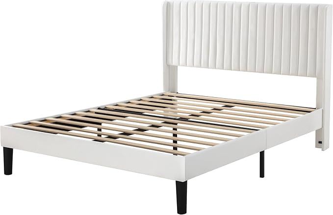 Allewie Full Size Velvet Bed Frame/Vertical Channel Tufted Wingback Headboard/Upholstered Platform Bed/Strong Wooden Slats/No Box Spring Needed/Easy Assembly/White