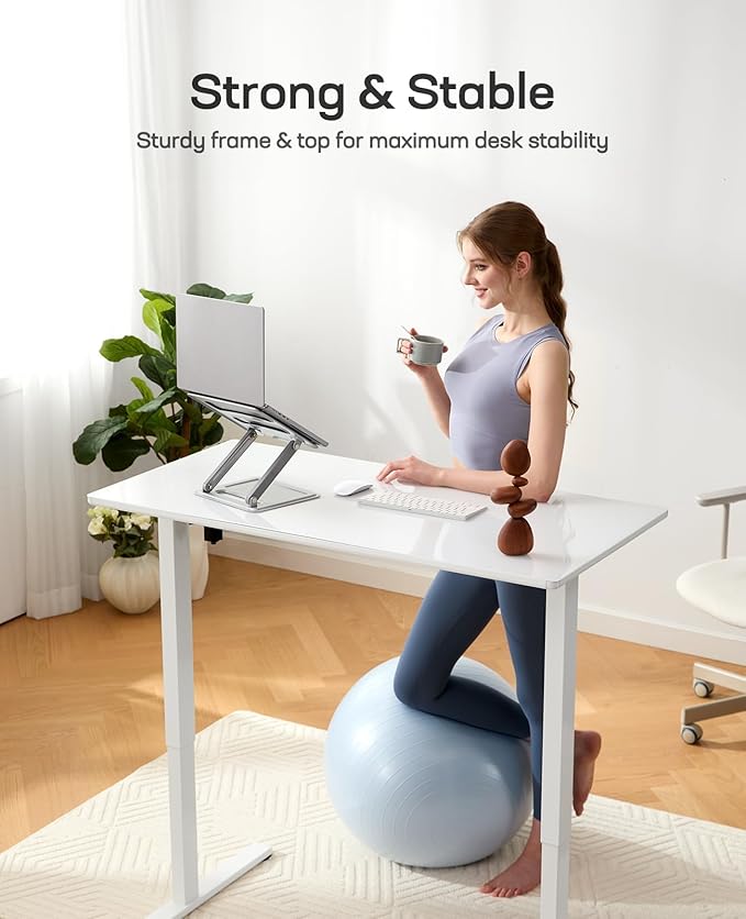 Marsail Glass Electric Standing Desk with Drawer, 40 x 24 Inches Height-Adjustable Desk, One-Piece Tempered Glass Top, Ergonomic Home Office Sit Stand Desk with 4 Preset Heights, White