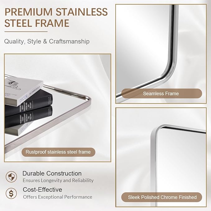 ANDY STAR Chrome Mirrors for Bathroom, 24x36’’ Rounded Rectangle Mirror, Chrome Bathroom Vanity Mirror, SUS304-Anti-Rust, Wall-Mounted Horizontal/Vertical 1’’ Deep