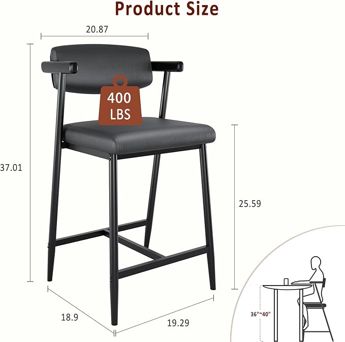 GarveeHome Bar Stools Set of 2, 26.5" Upholstered Counter Height Bar Stools for 2 with Armrest, Wider Thickened Cushion, Bar Chairs with Backrest for Bar, Dining Room, Kitchen, Retro Black