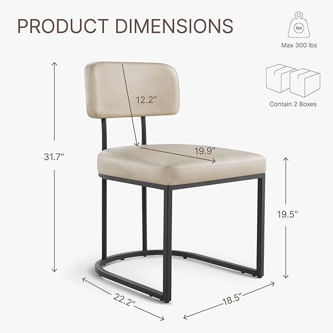 Dining Chairs Set of 4, Upholstered Modern Kitchen Chairs with Ergonomic Backrest, Faux Leather Cushion Seat & Metal Legs for Living Room, Restaurant, and Café, Beige, 2 Boxs