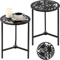2 Packs 13" Metal Outdoor Side Tables Small Black Outside End Table for Patio Round Accent Corner Stand for Small Spaces Weather-Resistant Coffee Table for Balcony Porch Plant Stand, Monstera Leaf