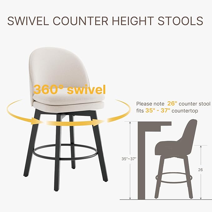 Counter Height Barstools 26 inch Upholstered Swivel Bar Stools with Back and Wood Legs for Kitchen Island,Set of 3,Beige Fabric-Armless