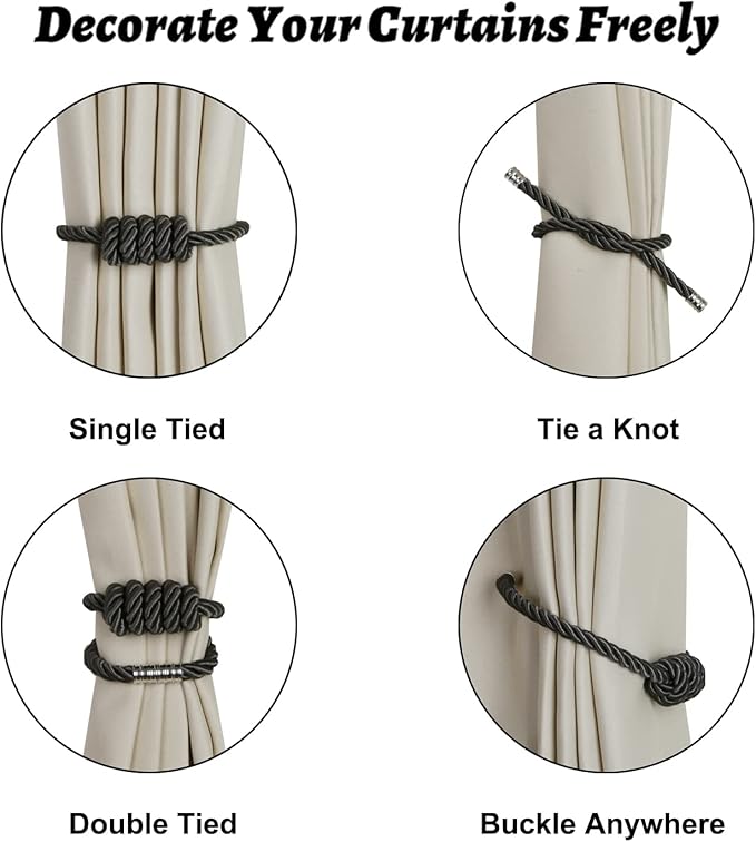 BEL AVENIR Magnetic Curtain Tiebacks, Decorative Drapery Holdbacks Modern Woven Tie-Backs with Exquisite Knot (Charcoal, 4 Pack)