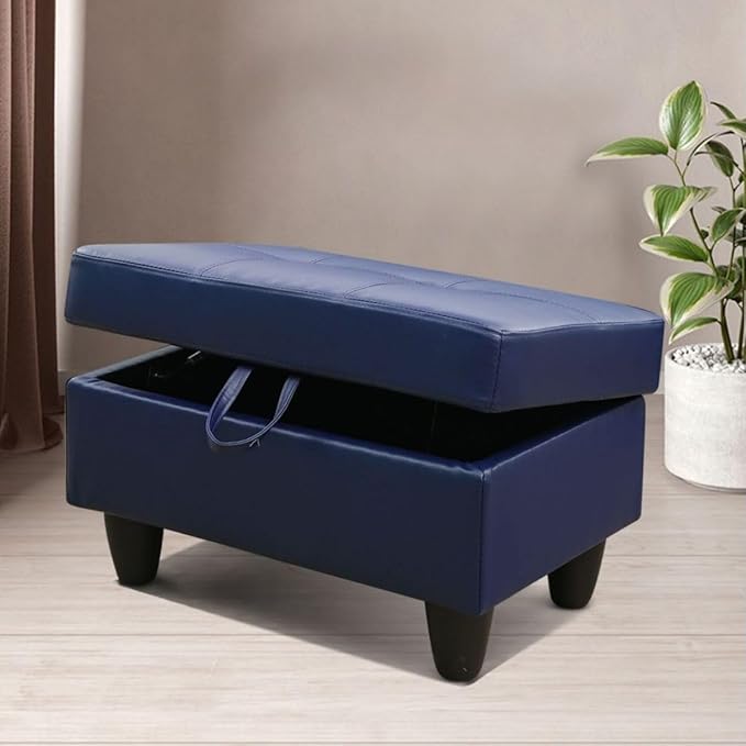 Blue L-Shaped 3-Piece Faux Leather Sofa with Storage Ottoman Set, Sectional Couch Sofa Set for Living Room, Office, Small Space