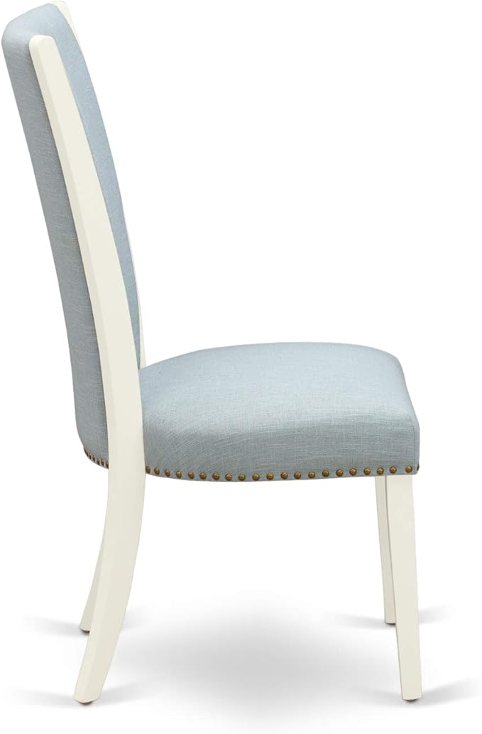 East West Furniture VEP2T15 Verona Parson Dining Chairs - Nailhead Trim Baby Blue Linen Fabric Padded Chairs, Set of 2, Linen White