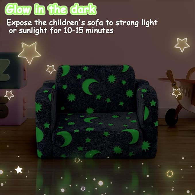 Kids Toddler Chair, 2-in-1 Toddler Couch Fold Out, Convertible Chairs for Toddlers Comfy Sofa to Lounger with Glow in The Dark Feature, Soft for Girls and Boys