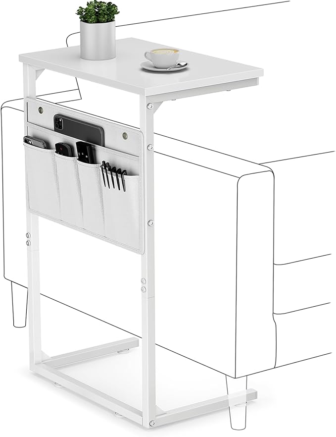 Vagusicc C Shaped End Table, Set of 2, Small Side Table for Couch, Couch Side Table TV Tray Arm C Tables for Small Space, Sturdy Slide Under Sofa Tables with Metal Frame for Living Room Bedroom, White