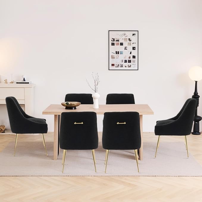 Modern Velvet Dining Chairs Set of 2, Contemporary Upholstered Furniture Collection with Polished Gold Metal Legs, Elegant Accent Chairs for Kitchen Living Room(Teddy Fleece,Black)