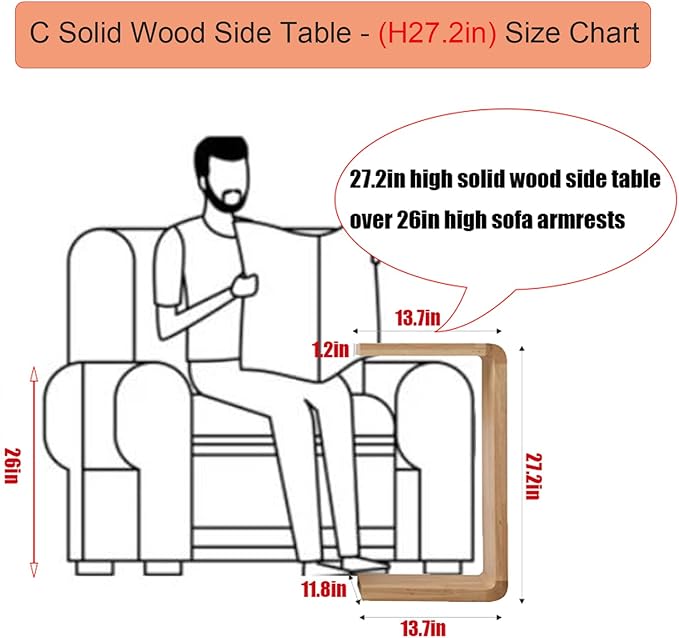 C Shaped End Table, Solid Wood C Side Table for Couch Sofa and Bed, Sofa Tables That Slide Under for Space Saving, Small Snack C Tables for Living Room Bedroom (H 27.2″ - Brown, 2)