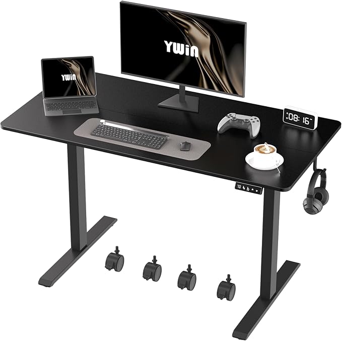 Ywin Electric Height Adjustable Standing Desk with Wheels, 63 x 24 inches Ergonomic Stand Up Desk for Home Office