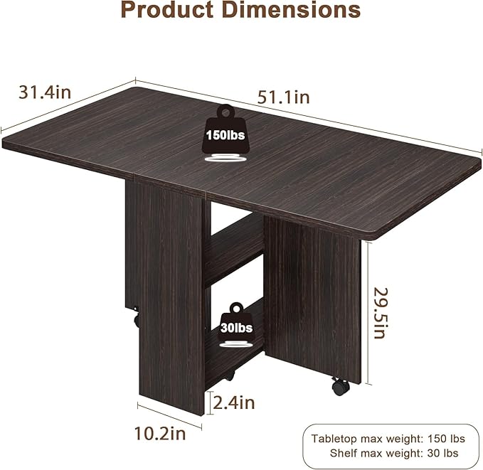 IDEALHOUSE Folding Dining Table, Drop Leaf Dining Table with 6 Wheels and 2-Layer Storage Shelf, Space Saving Dining Table for Small Spaces (Dark Walnut, 50.1" D x 31.4" W x 29.5" H)